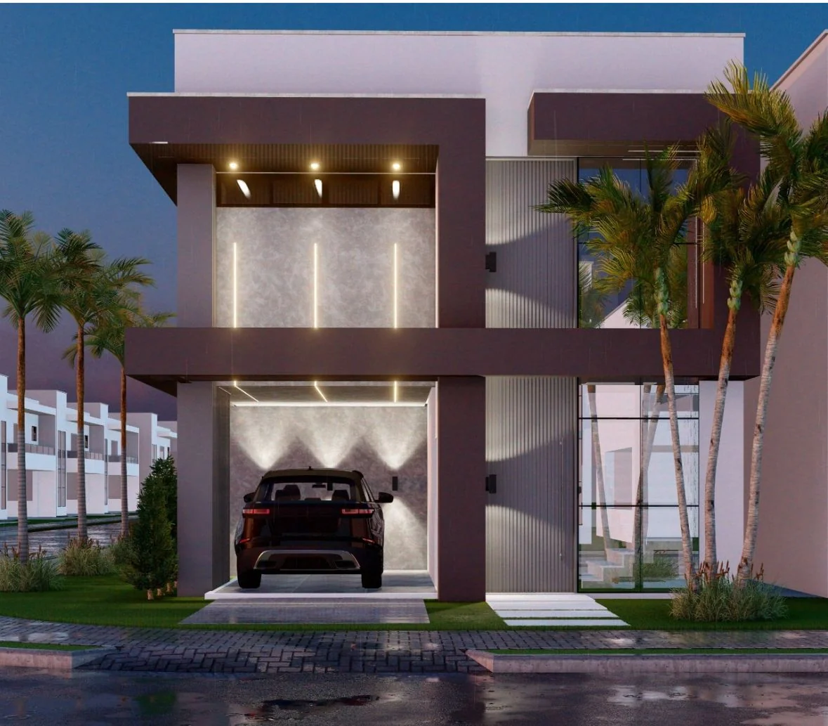 Fachada iluminada — obra da Nobre Engenharia
